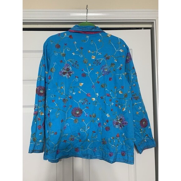The Quacker Factory Aqua Blue Embroidered And Beaded Floral & Butterfly Jacket M - Picture 7 of 9